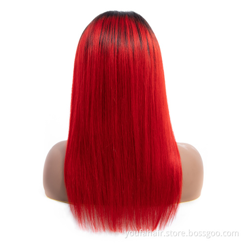 Raw Brazilian Virgin Straight Wave Human Hair Wigs 4x4 Lace Closure for Black Women Ombre 1b Red Color Glueless Swiss Lace Wigs